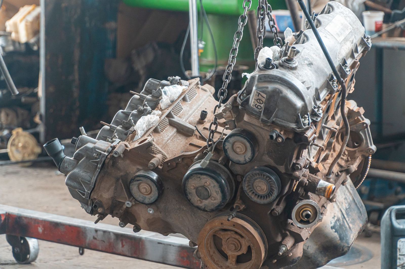 Removed engine on a hoist