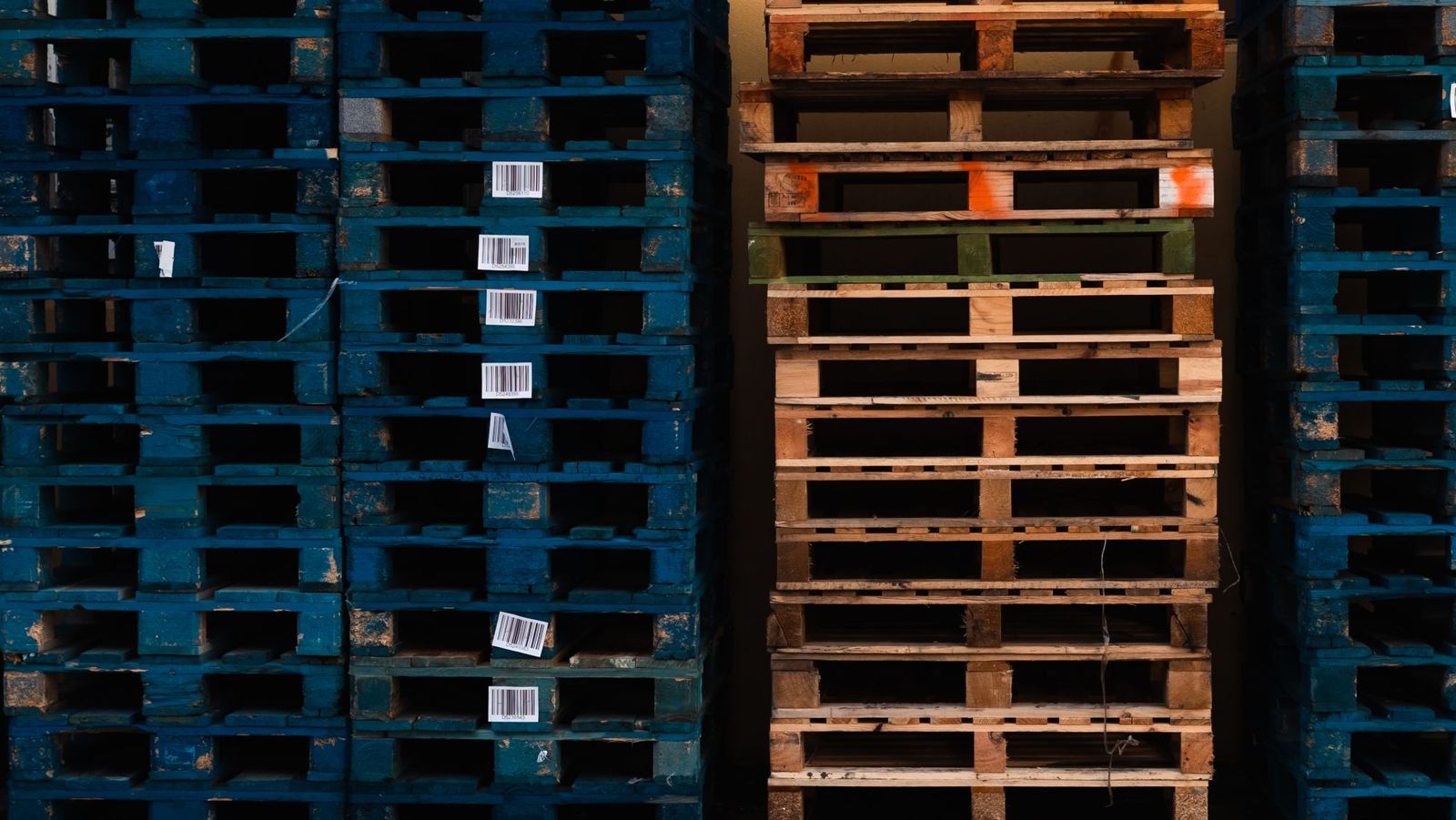 Stacked pallets with barcodes