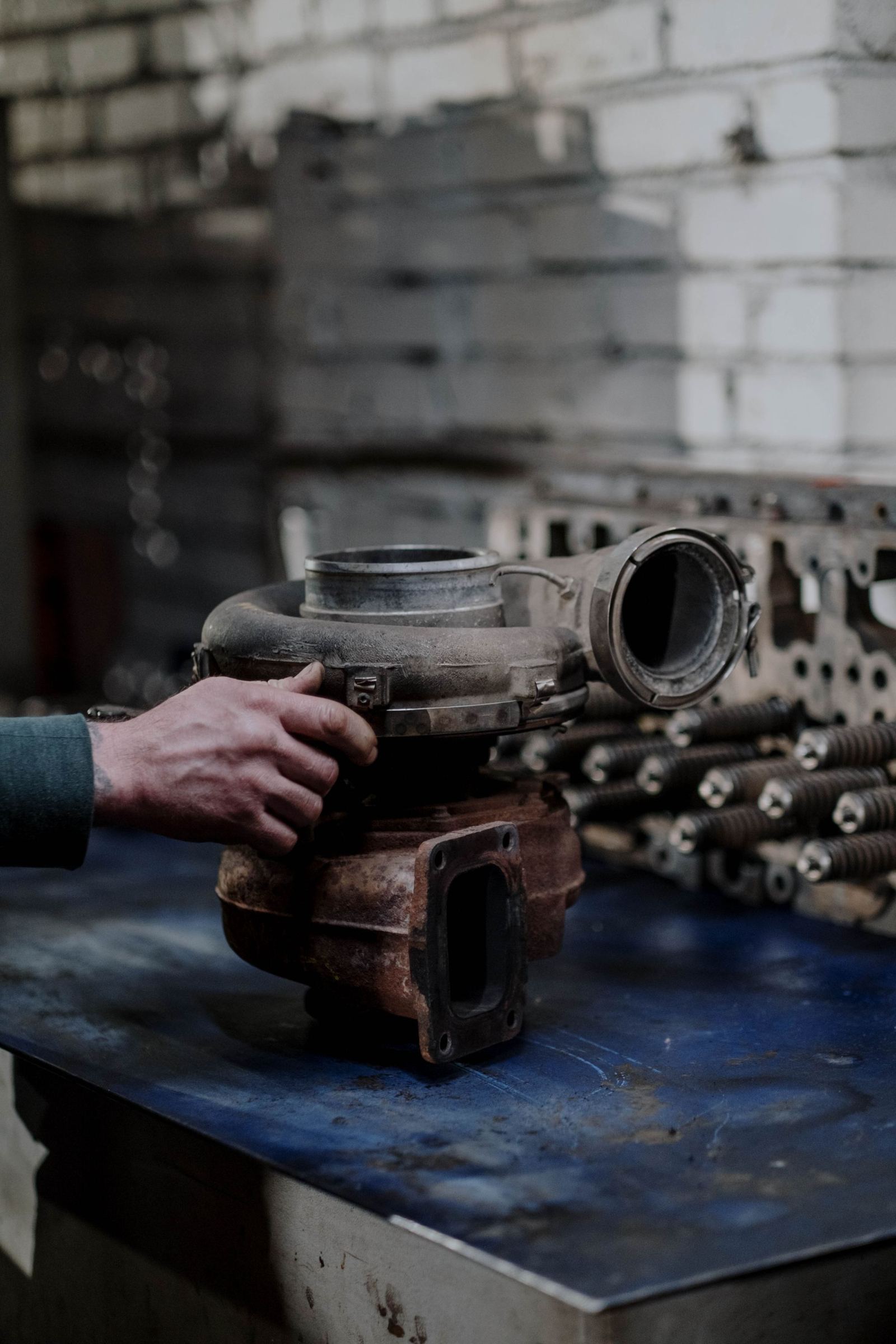 Used turbocharger with compressor wheel in close-up