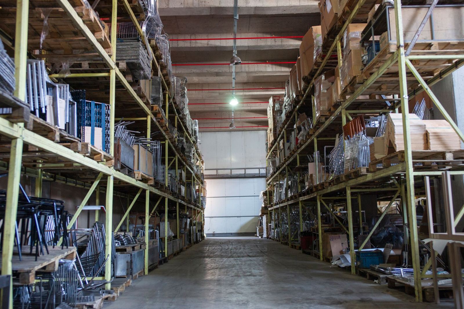 Warehouse aisle with steel shelving