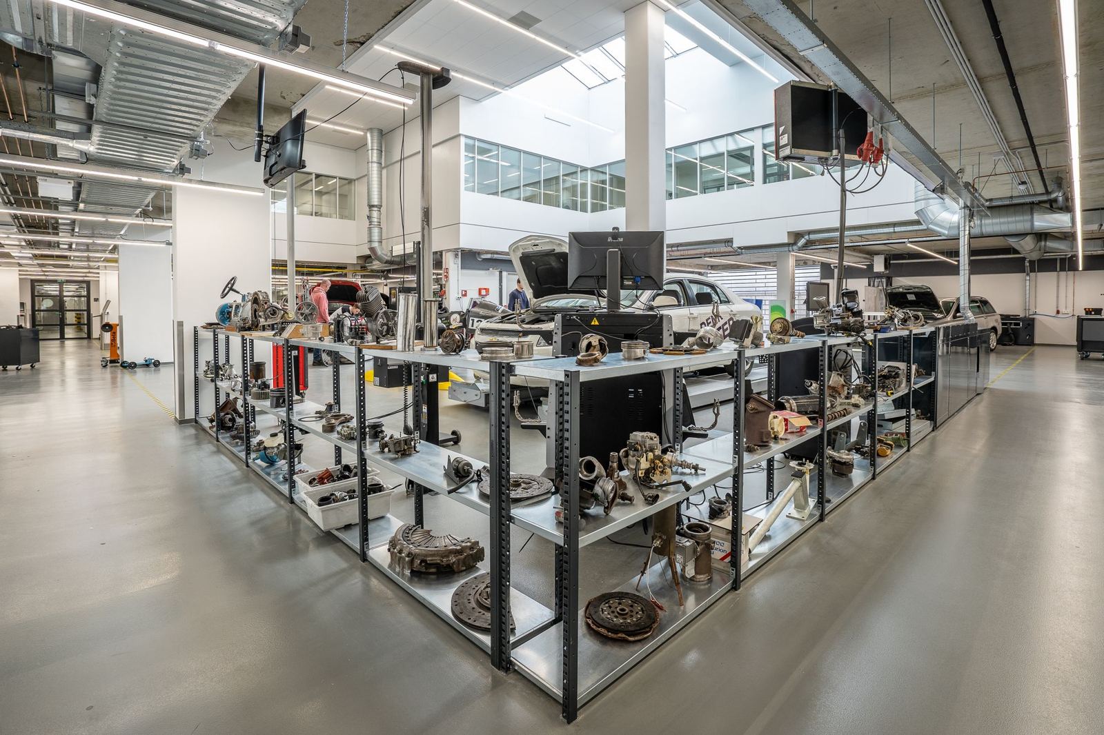 Shelves of engine components in a specialist workshop